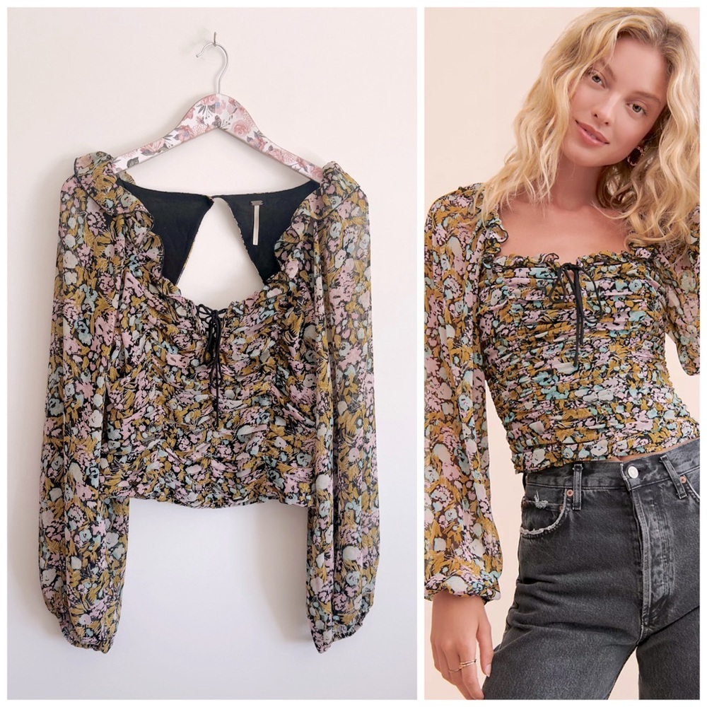 FREE PEOPLE Mabel Floral Printed Blouse Black Top M Medium